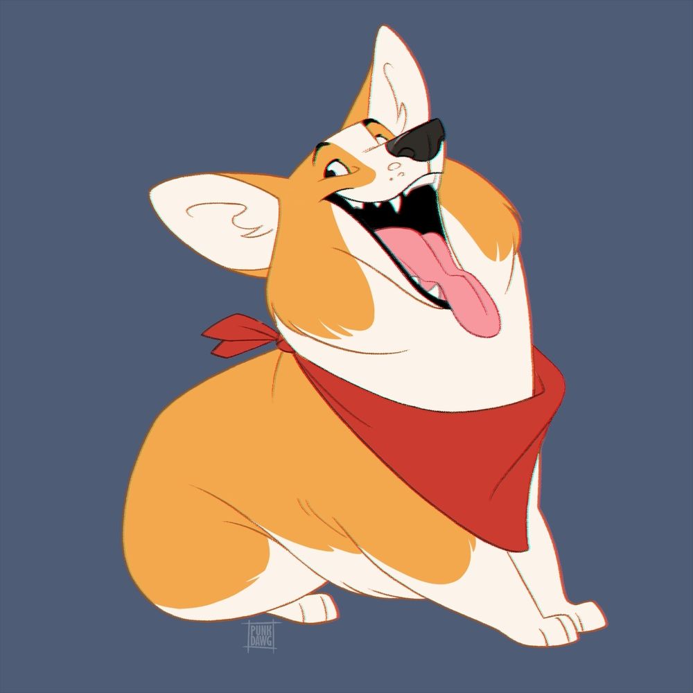 Digital drawing of a stylized Pembroke Welsh Corgi wearing a red bandana