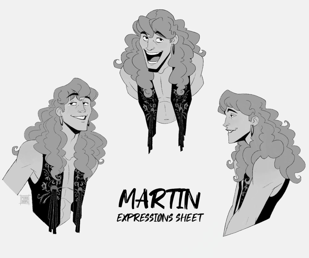 digital drawing of a model sheet for my character Martin, showcasing three different expressions