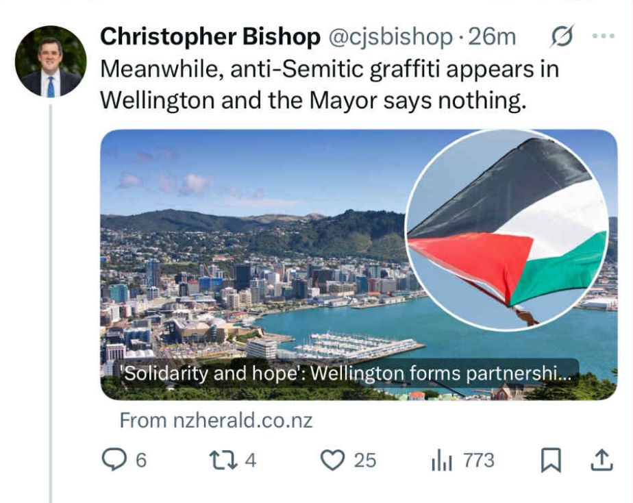 Christopher Bishop @jsbishop • 26m
Meanwhile, anti-Semitic graffiti appears in Wellington and the Mayor says nothing.
'Solidarity and hope: Wellington forms partnershi...
From nzherald.co.nz
6
274
25
In 773
个