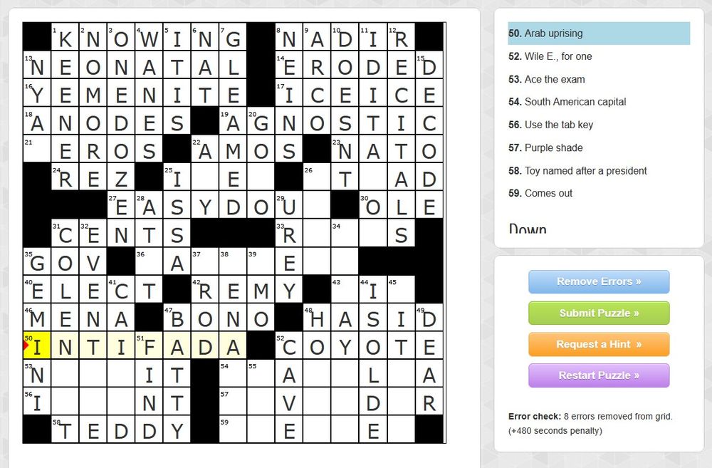 One of the questions asked in the puzzle is "Arab Uprising" and the answer is "Intifada"