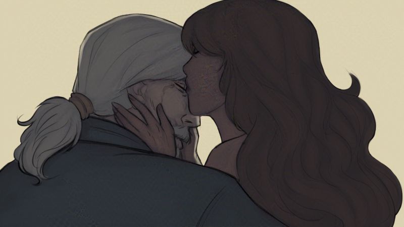 An old man with pale hair, and a younger-looking woman with darker hair, who is kissing his brow. 