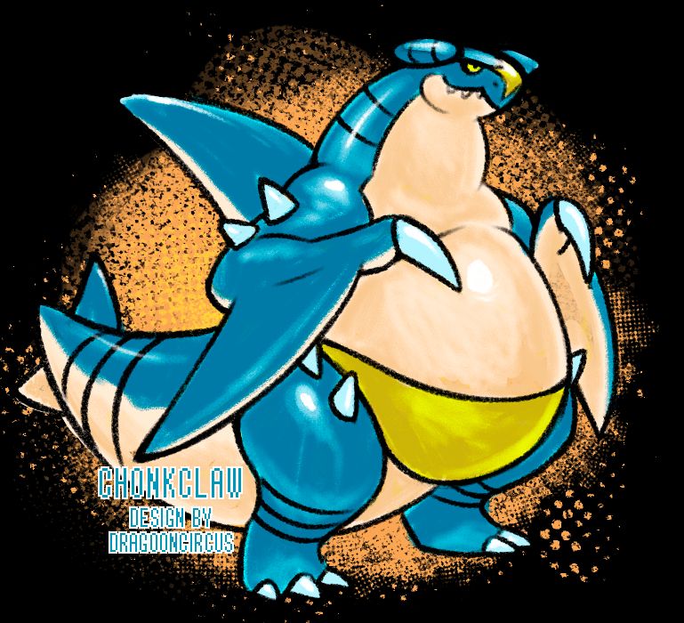 A digital drawing of a fat Garchomp coloured like a gummi shark in a neutral standing pose.