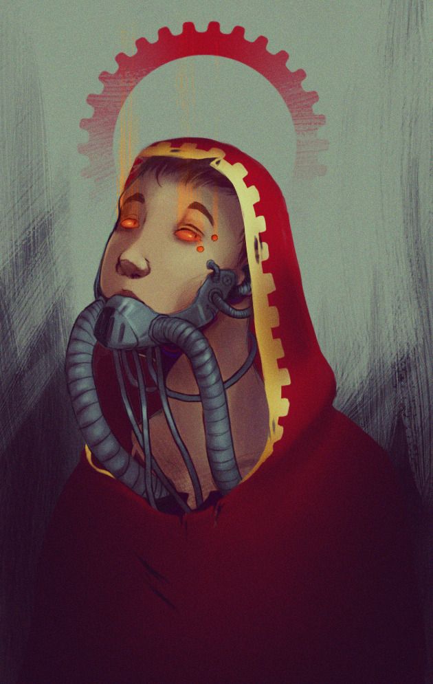 Digital bust drawing of my WH40k OC. He is wearing the red robes of the Mechanicus cult, and there is just a bunch of metal, cables and tubes where his lower jaw should be.