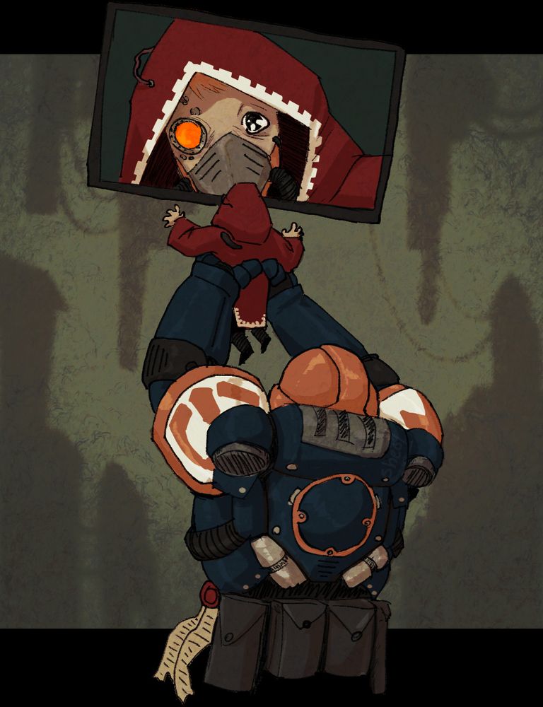 Meme redraw of my Engineseer character and a friend's Space Marine.
Darius (Space Marine) holds a toddler-sized CK (my Engineseer) up to a security camera monitor.