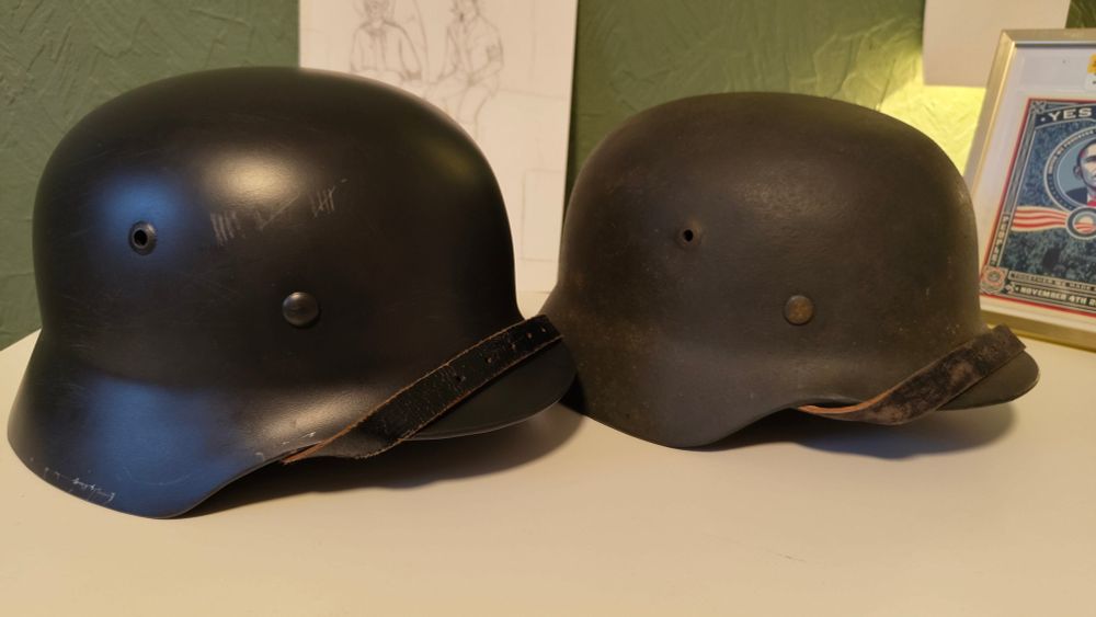 An Original and Reproduction M40 Helmet side by side