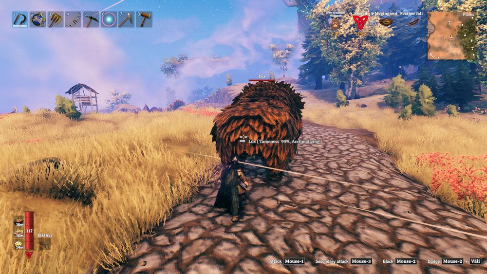 My Valheim character staring at a a fluffy Valheim loxbutt on a nice paved road. Tiny text indicates the lox is 99% tamed