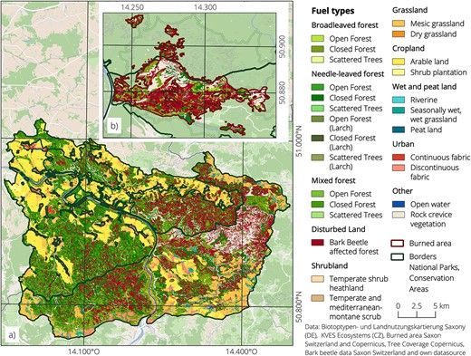 A fuel type map of the Bohemian-Saxon Switzerland region representing conditions before the forest fire (lower map). The upper map shows the fuel types in the burned area. The bark beetle-infested forests cover 17.6% of the study region (dark red).