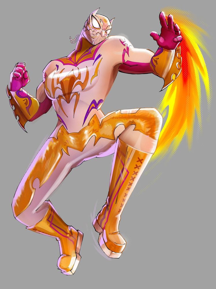 Vivianna is tall and muscular, shown in her design plainly. Spider Queen is designed to look like a luchadora, with bright yellow, magenta, and purple designs on a white suit. There's the design of a golden spider on her chest. She wears these big yellow boots and a mask heavily inspired by Mistico, a Mexican luchador.

Art and design by @cccatte on Twitter! https://ccatte.carrd.co/#