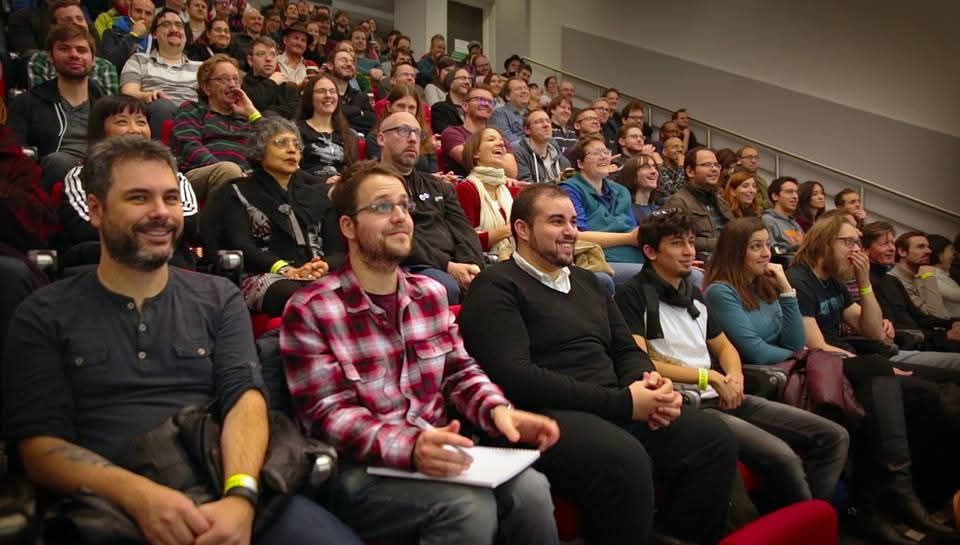 Shot of a full audience in the AdventureX auditorium from a previous year.