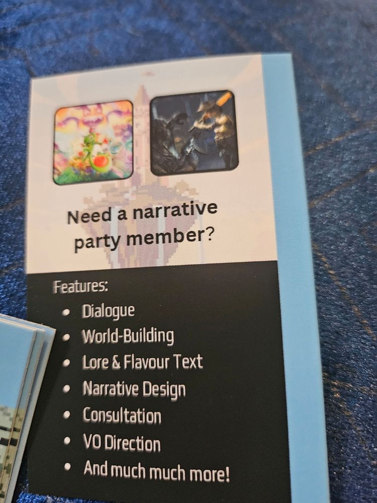 Back of the buisness card with the caption " Need a narrative party member?"