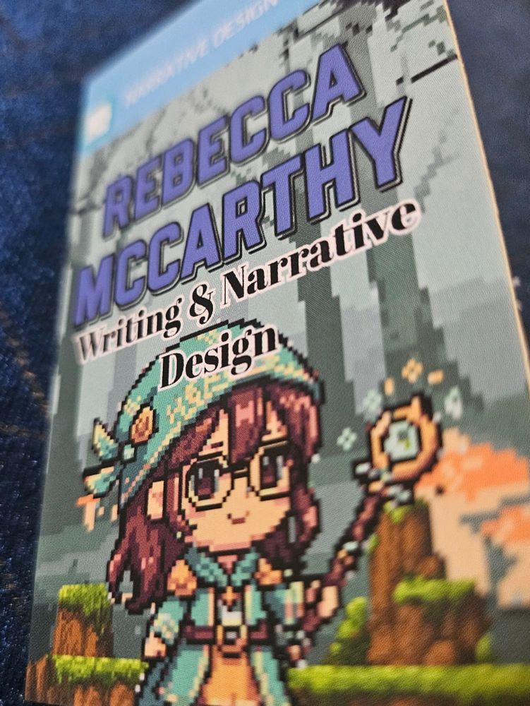 Front of a folding buisness card featuring a pixel character with a fake game box cover.