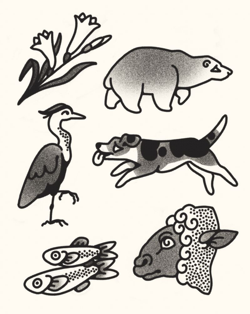 Selection of bold dotwork tattoo designs. Top Left : white floral bunch, top right : bear walking to the right, middle left : grey heron on one leg, middle right : a hound running to the left, bottom left : two small fish, bottom right : a sheep head facing left. 