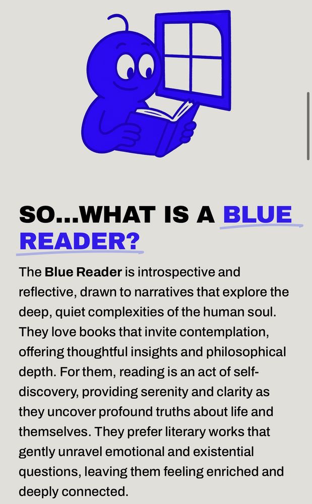 A screenshot of the results of read yourcolor.com
An illustration of a blue character reading a blue book near a blue window with the heading text: So What Is A Blue Reader?