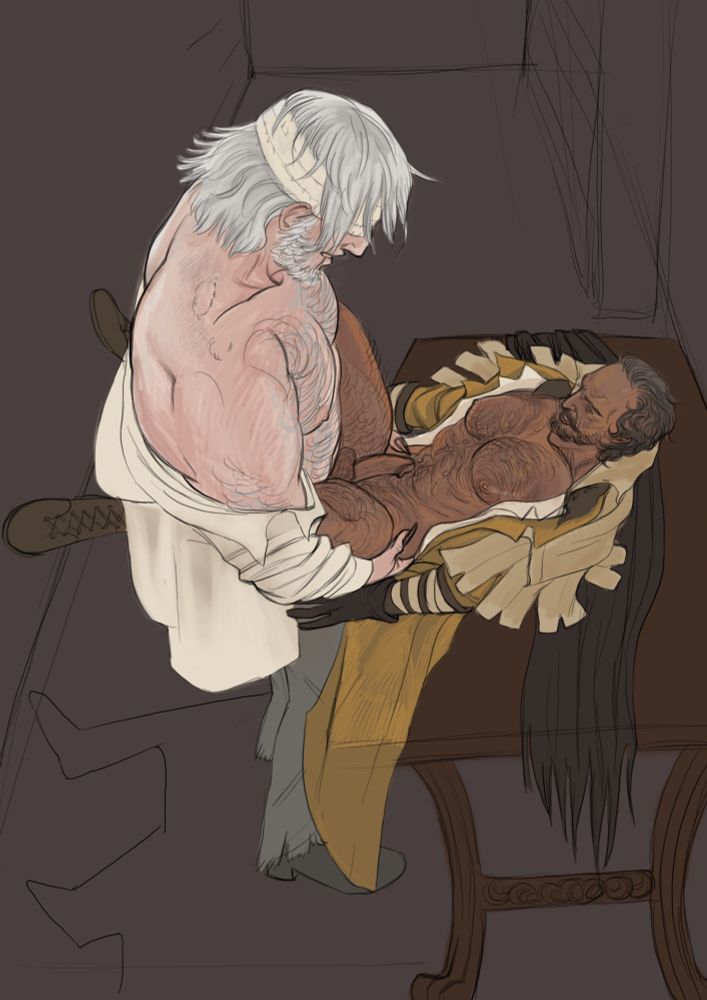 Incomplete coloured drawing of Gascoigne holding Henryk by his slutty little waist against a table in some mysterious dark hallway. Both characters have their garbs unbuttoned and hairy chests exposed. 