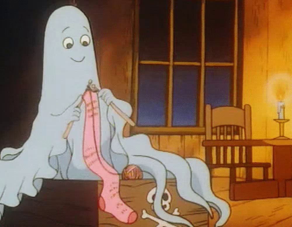 a cartoon ghost is knitting pink socks in a room