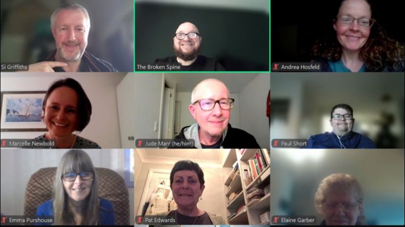 Screen shot of 6 people in a zoom call including Si Griffiths, Alan Parry, Pat Edwards, Emma Purshouse, Marcelle Newbold