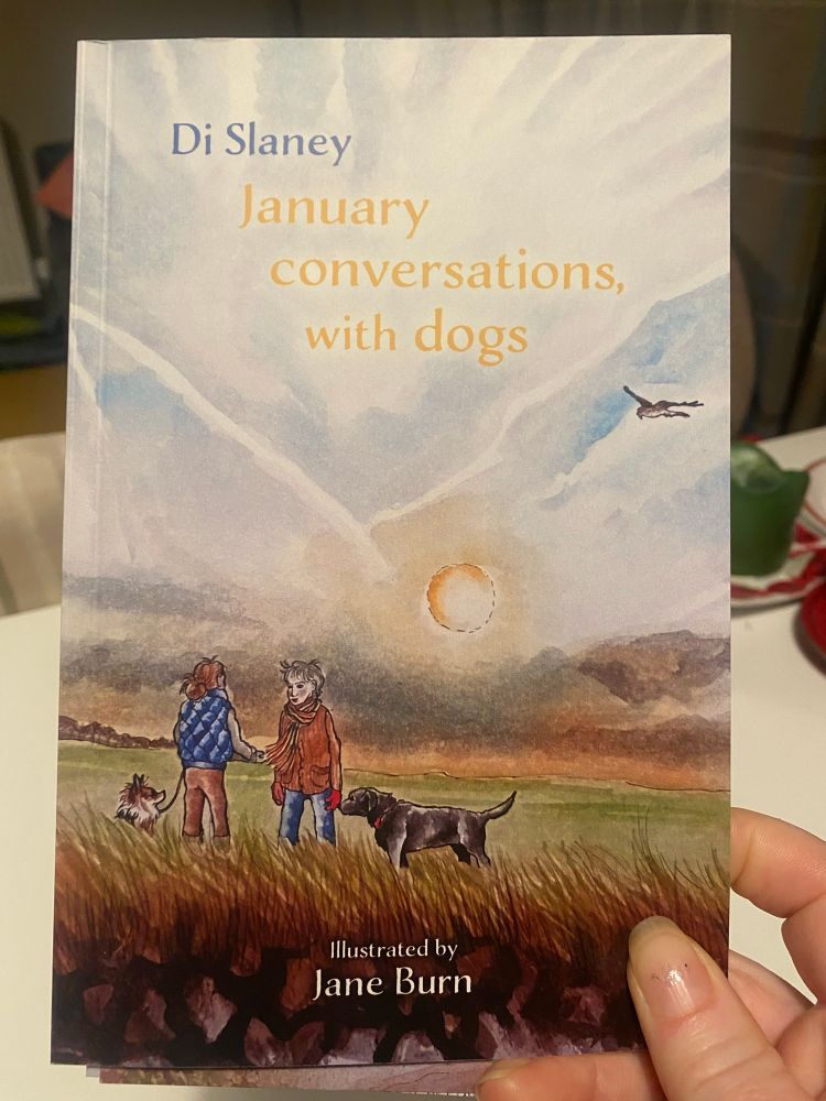 Poetry book cover for Di Slaney ‘January conversations with dogs’ . Drawn and watercolour image of 2 women talking in a bright landscape with 2 dogs 