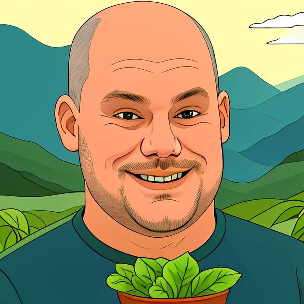 AI generated image of myself holding a plant in front of some mountains.