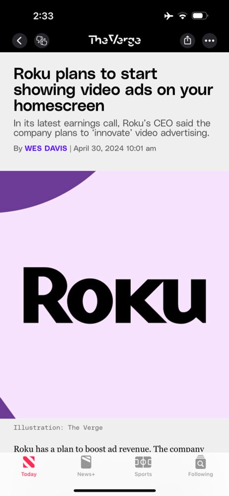 Screenshot of a Verge article with the title “Roku plans to start showing video ads on your homescreen”