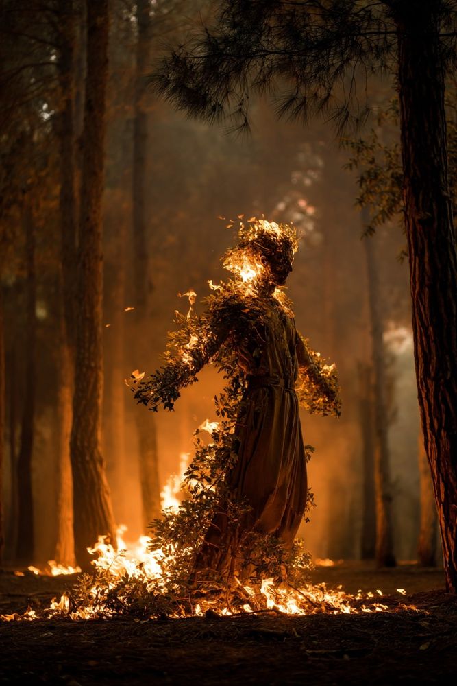 Fire elemental man rising from a forest fire, fantasy photography