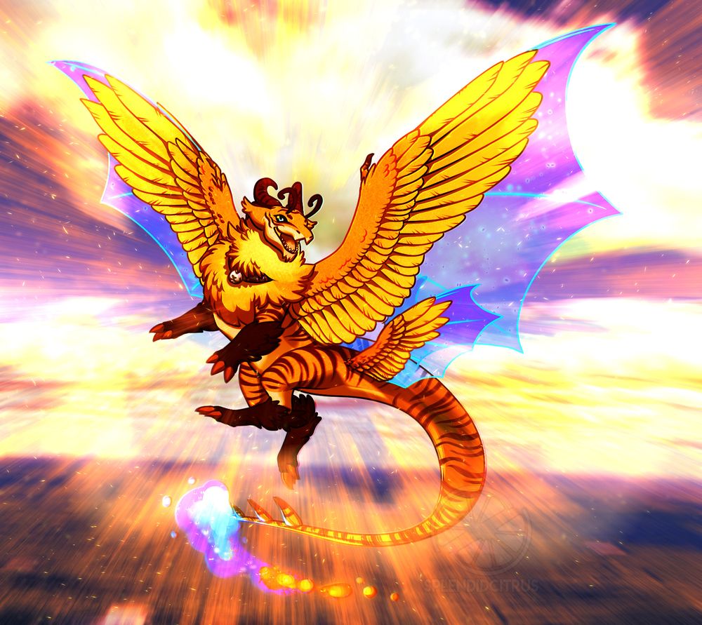 A orange pokemon fusion character with blue transluscent wings poses cheerfully midair as bright orange hot air violently emanates from them, a depiction of the move Heat Wave.
