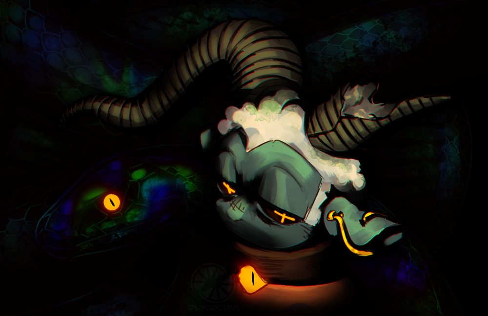 A painterly bust of a Cult of the Lamb fancharacter, shaded in stark near-black, looking at the camera with a neutral but ominous expression. Behind him, a large cobra snake coils, barely visible in the black background. Both the snake and the lamb sona's eyes glow yellow.