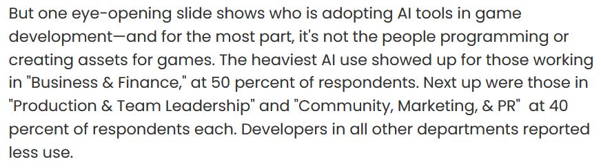 But one eye-opening slide shows who is adopting AI tools in game development—and for the most part, it's not the people programming or creating assets for games. The heaviest AI use showed up for those working in "Business & Finance," at 50 percent of respondents. Next up were those in "Production & Team Leadership" and "Community, Marketing, & PR"  at 40 percent of respondents each. Developers in all other departments reported less use.