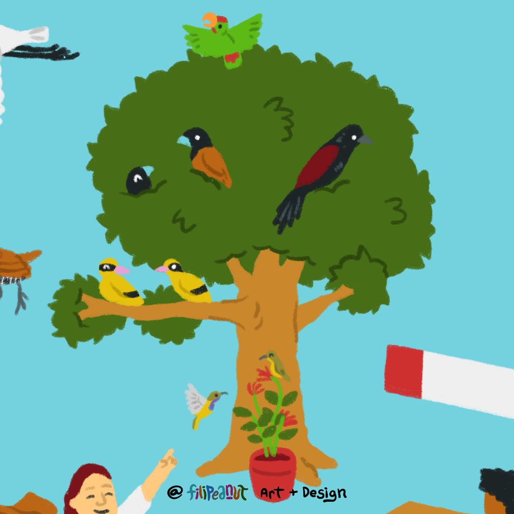 A children's illustration of a tree with various Philippine bird species on it. The background is light blue, and there are 5 species depicted in the artwork.