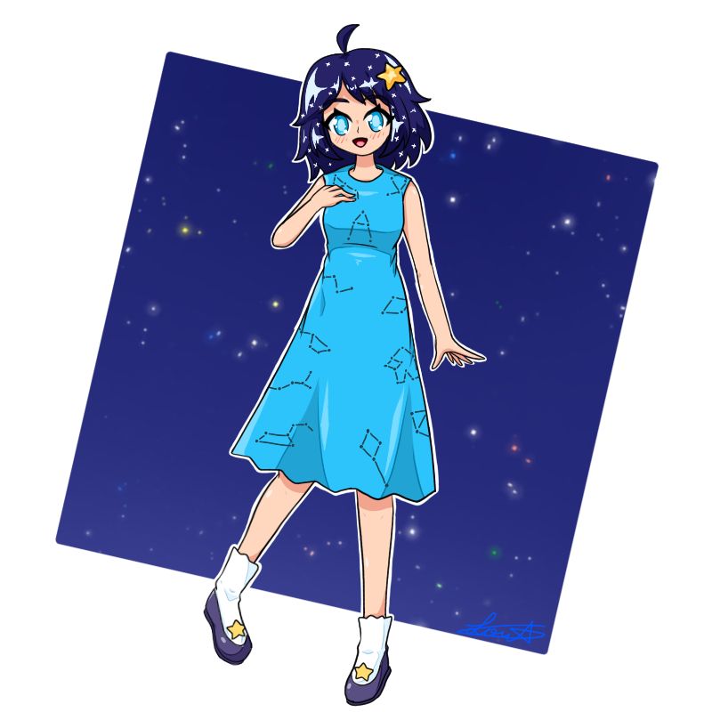 Art of a girl with dark blue hair with tiny stars wearing a light blue dress adorned with constellation patterns