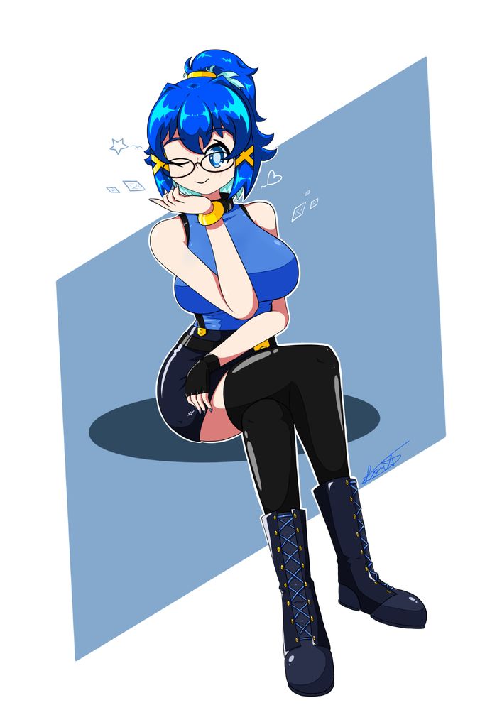 Art of my oc Rifa wearing a sleeveless shirt with a dark blue skirt held up with suspenders, black thigh high socks dark blue boots with her hair held up in a ponytail sitting with her legs crossed will winking toward the viewer