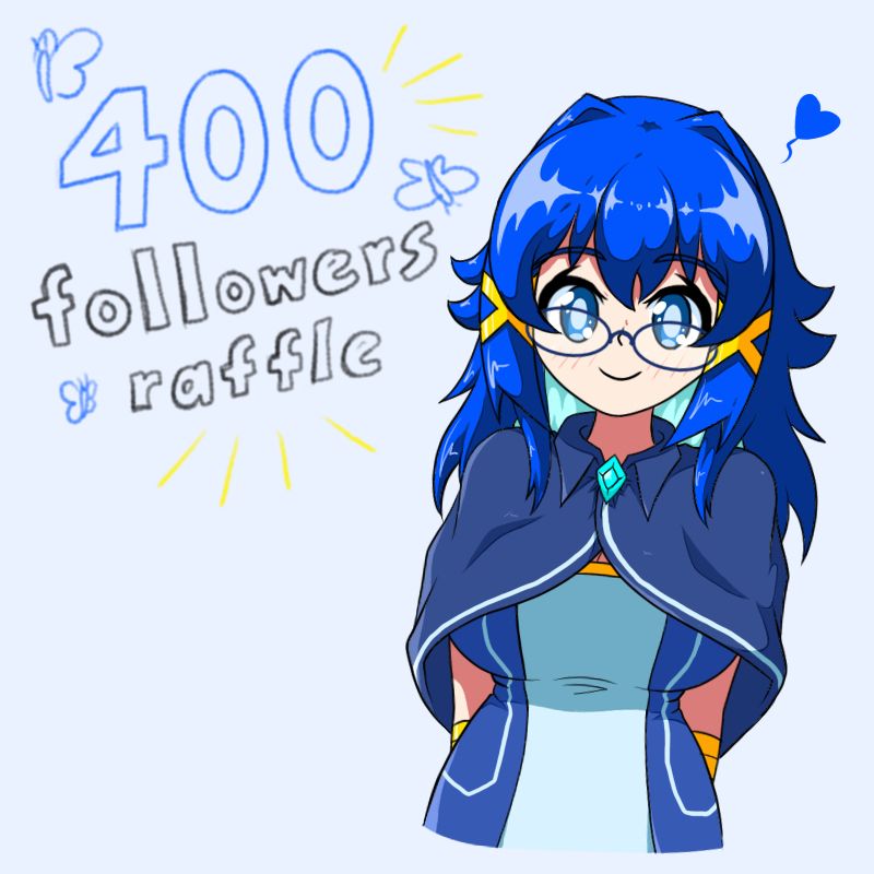 Artwork of my oc Rifa with her arms behind her back looking at the viewer. The text "400 followers raffle" is to the left surrounded by little blue butterfly doodles 