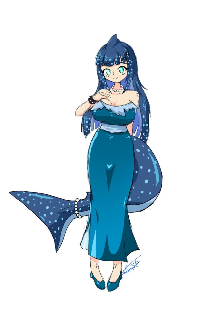Art of a gorgeous whale shark lady in a blue dress and shoes 
She is wearing a bracelet on her right arm, pearls around her neck and tail and a key shaped hair pin that match design elements of her sister Lorelei