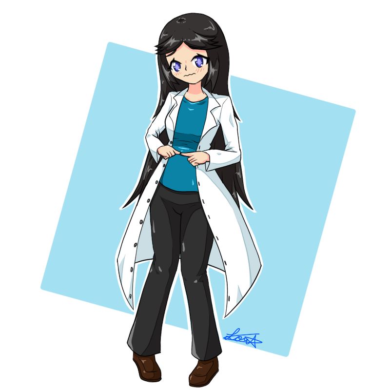 Art of a girl with long dark hair wearing a blue shirt, black pants and brown shoes with a white lab coat
She is standing in a very shy pose looking very worried 