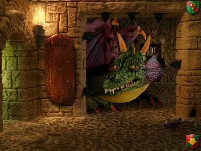 A still from the sandcastle fantasy section of I Spy Fantasy, where the player meets a shifty dragon, the main antagonist of the section.