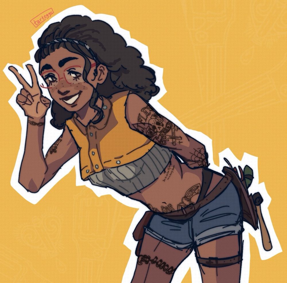 nico from dmc5 leaning over and throwing up a peace sign