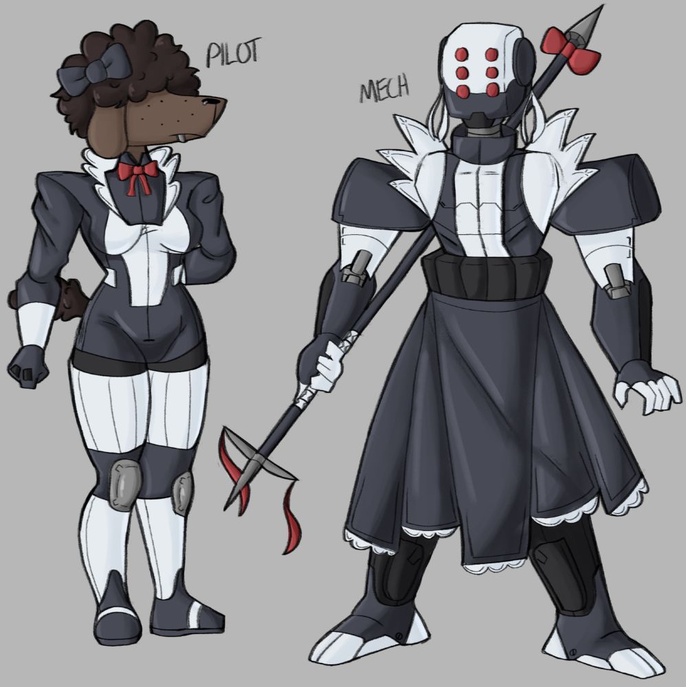 #art of a maid poodle in pilot suit, standing next to a (not to scale) maid mech.