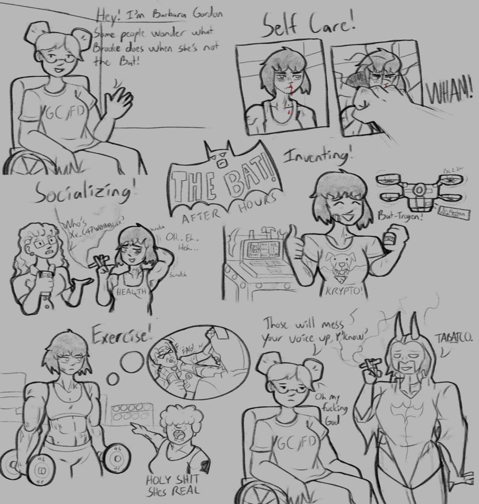 #art of Barbara Gordon explaining several of Brooke Wayne's hobbies, alongside some cutaway gags.