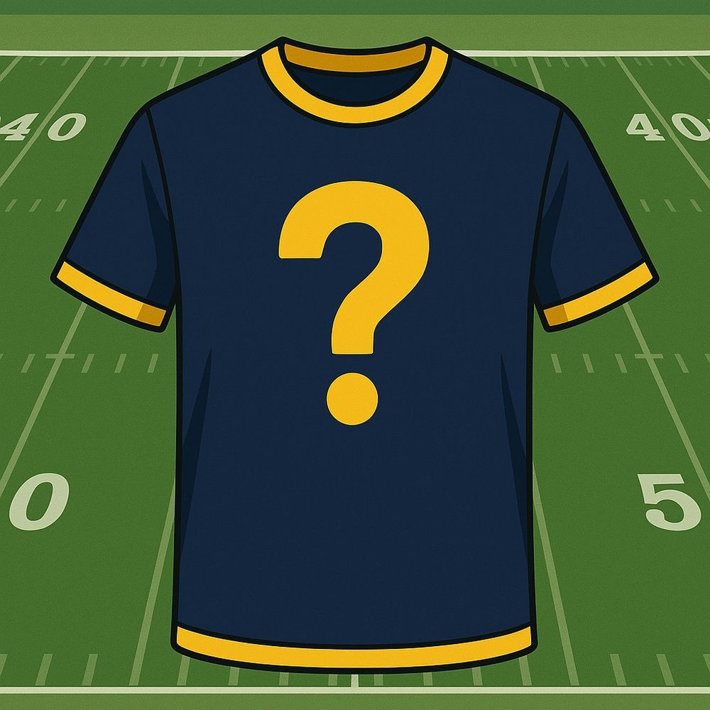 Blue and gold jersey with a question mark on it, over a football field