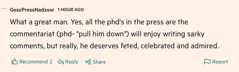 FT comment: What a great man. Yes, all the phd's in the press are the commentariat (phd- "pull him down") will enjoy writing sarky comments, but really, he deserves feted, celebrated and admired.

