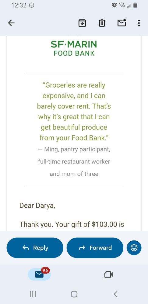 Screenshot of email confirming donation to the SF-Marin Food Bank