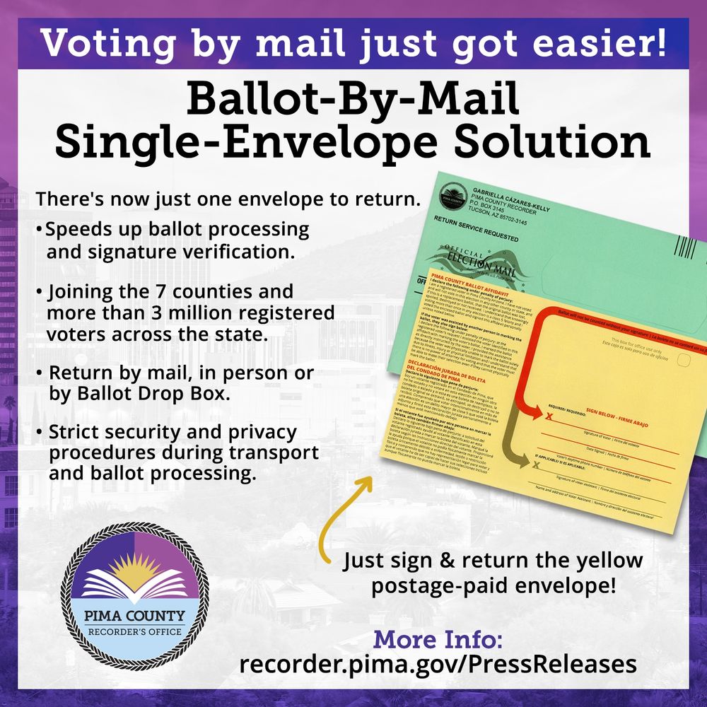 "Voting by mail just got easier! Ballot-By-Mail Single-Envelope Solution. There's now just one envelope to return. Speeds up ballot processing and signature verification. Joining the 7 counties and more than 3 million registered voters across the state. Return by mail, in person, or by Ballot Drop Box. Strict security and privacy procedures during transport and ballot processing. Just sign and return the yellow postage-paid envelope! More information: recorder.pima.gov/PressReleases" The green ballot packet and the yellow Ballot Affidavit are shown.