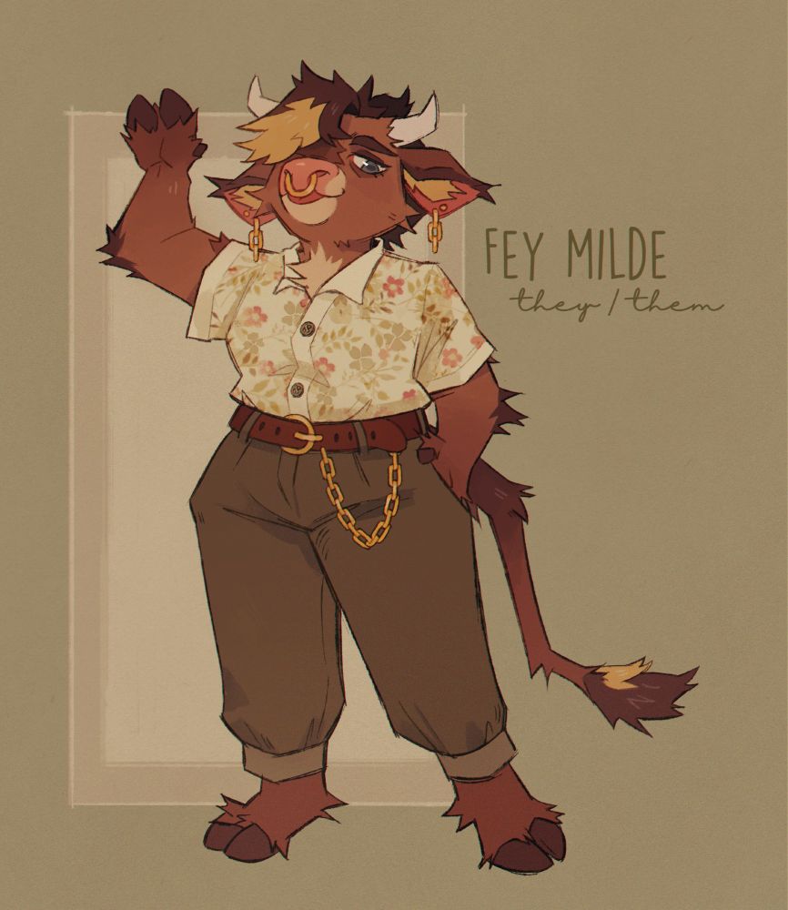 Digital drawing of an anthropomorphic highland cow character, waving at the viewer, dressed in a floral patterned blouse and plain pants.