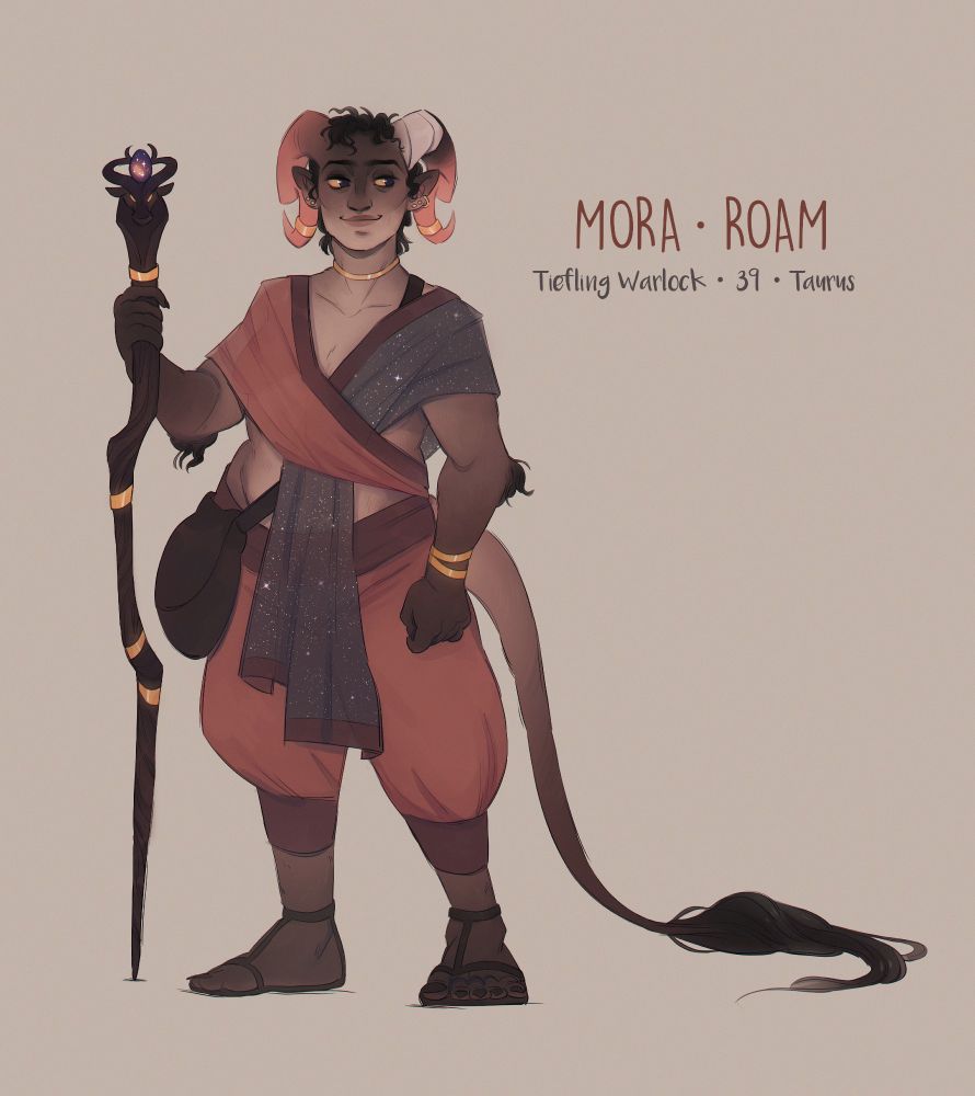 Digital character drawing of a fantasy roleplay character. She has velvety furred skin with dark gradients at the end of the limbs, including a steer-like tail. She has two curled horns, one of which has a bandage around it and has started to die off. She's wearing a sheer shawl with a star pattern and loose, airy pants to keep cool in the warm climate. She's holding a staff with a steer head that is holding a gem stone between its horns. She has some golden jewelry.