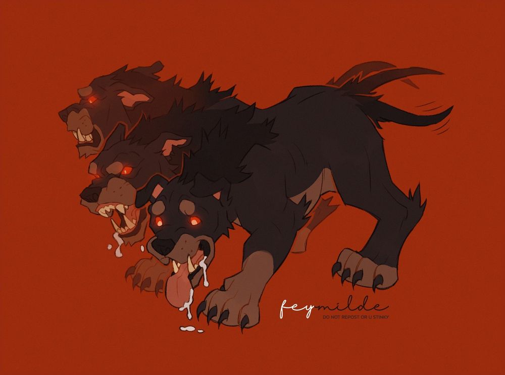 Digital artwork of the mythological three-headed dog creature, Cerberus. One head has a happy, playful expression while the other two are more hostile.