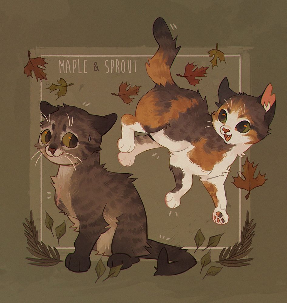 Digital drawing of two cats belonging to the artist, one of which is a three legged, shy tabby cat while the other is a playful, outgoing calico. There are some leaves and ferns around them for decorative purposes.