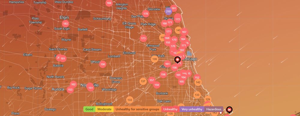 A map from IQAir showing the AQI of the Chicago area