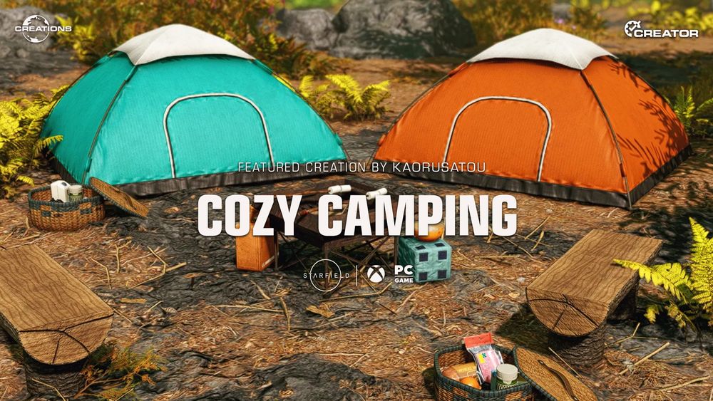 An couple of orange and teal tents sit around a cozy looking campsite in a forested section of a planet's surface in Starfield.