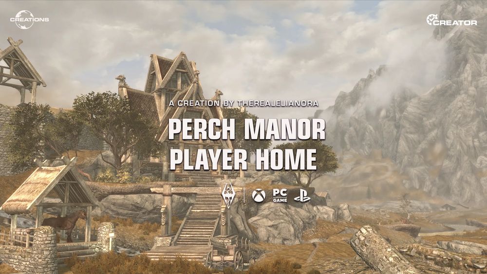 A Whiterun style manor sits outside the gates of the famous Skyrim city. Text over the image reads "A creation by TheRealElianora: Perch manor Player Home, available on Xbox, PC, and PlayStation."