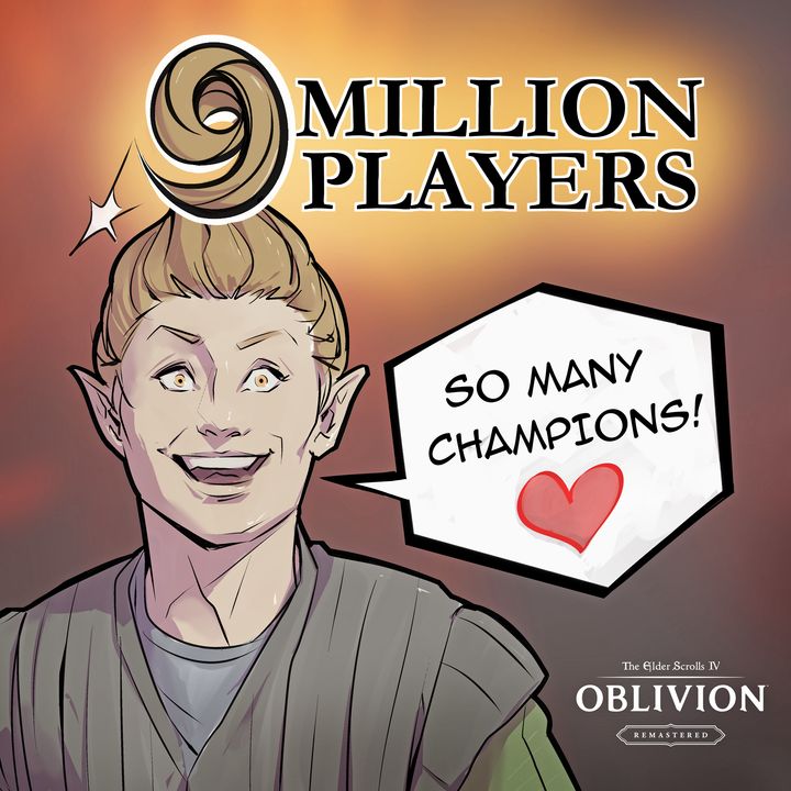 The Adoring Fan with "9" swirled hair style, smiles and says "So many champions!" under the text "9 Million Players" for The Elder Scrolls IV: Oblivion Remastered.
