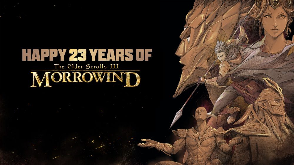 "Happy 23 years of The Elder Scrolls III: Morrowind". Pictured on the right of the image are Dagoth Ur, Vivec, Almalexia, Sotha Sil, and the Nerevar (centered among them brandishing a spear).